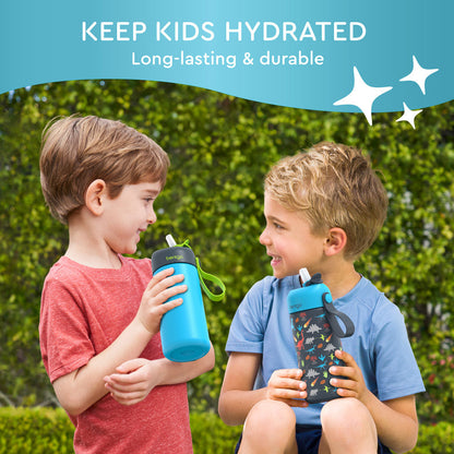 Bentgo® Kids Stainless Steel Insulated Water Bottle (2-Pack) - Dinosaur/Dino-Mite Blue | Keep Kids Hydrated - Long-Lasting & Durable