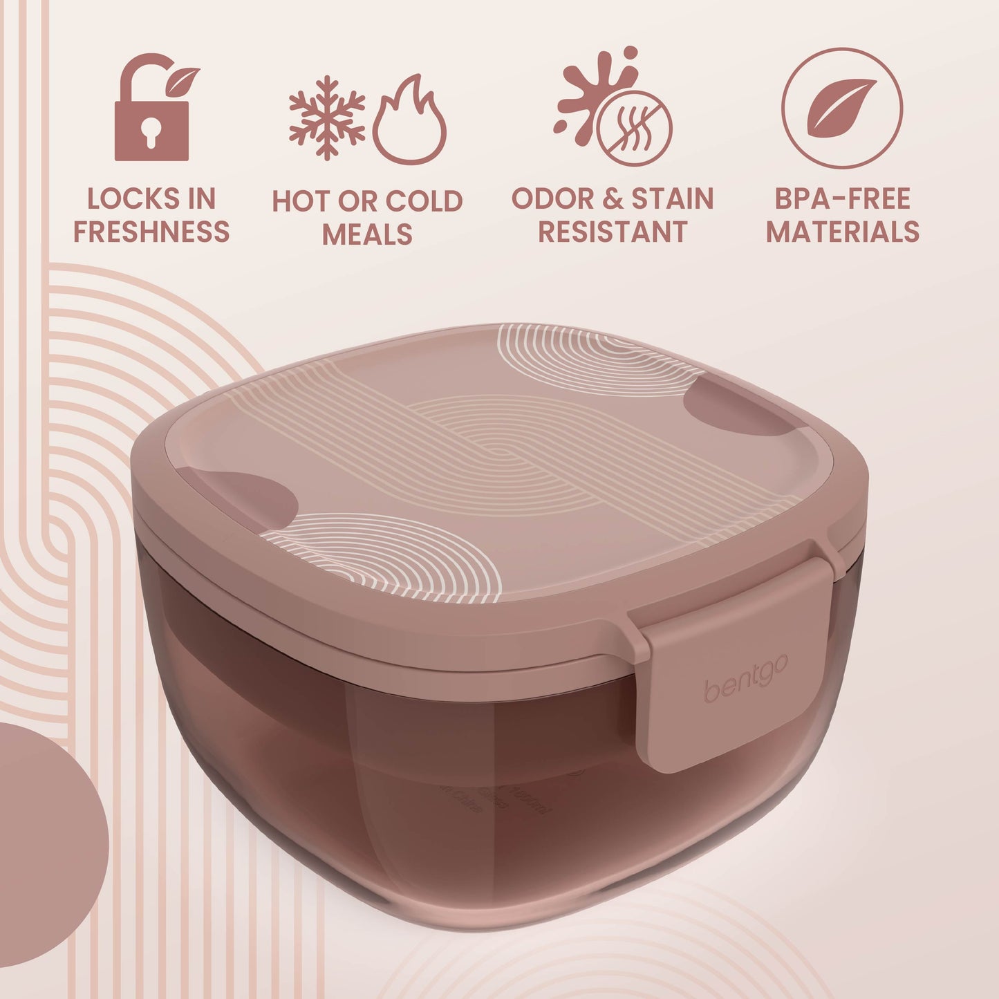 Bentgo® Glass Prints All-in-One Salad Container - Mod Curve - Desert Rose | Locks In Freshness, Great For Hot Or Cold Meals, Odor & Stain Resistant And Made With BPA-Free Materials