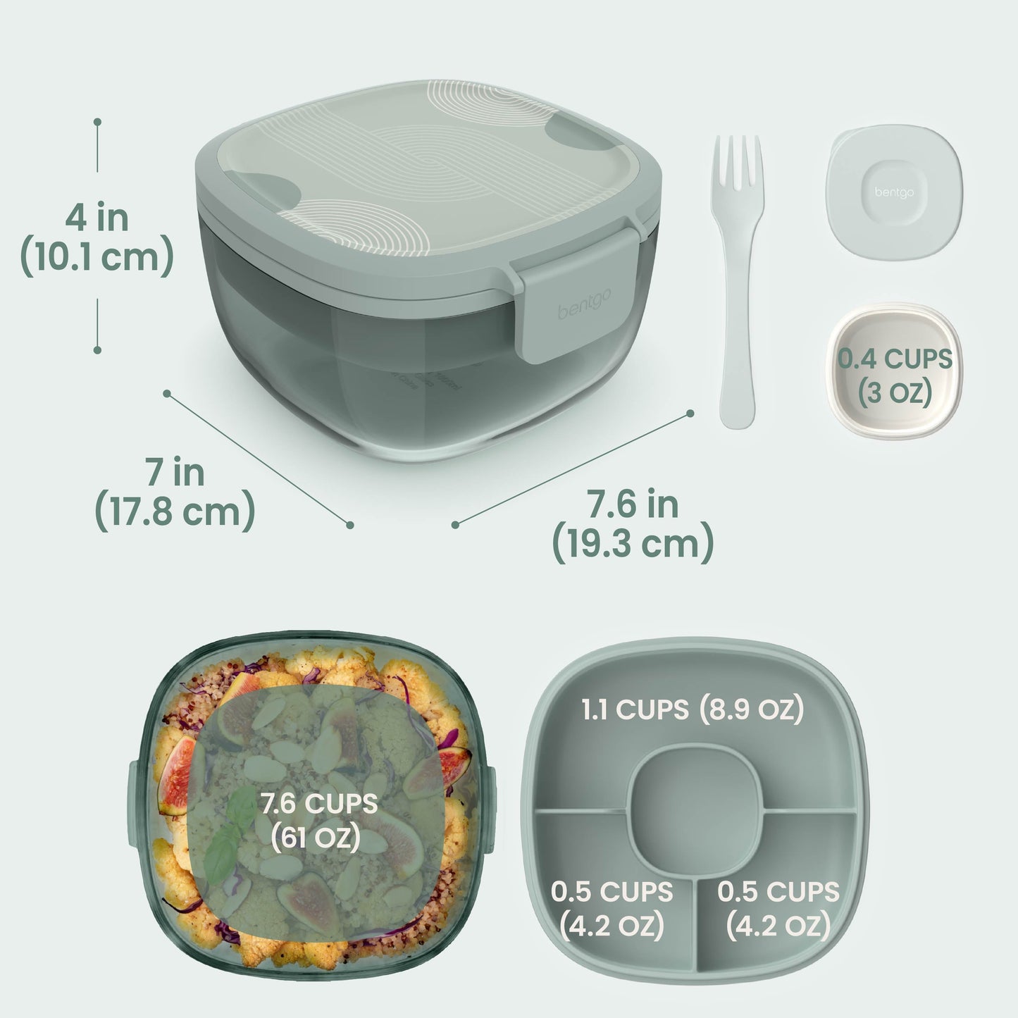 Bentgo® Glass Prints All-in-One Salad Container - Mod Curve - Serene Green | Salad Container Dimensions
