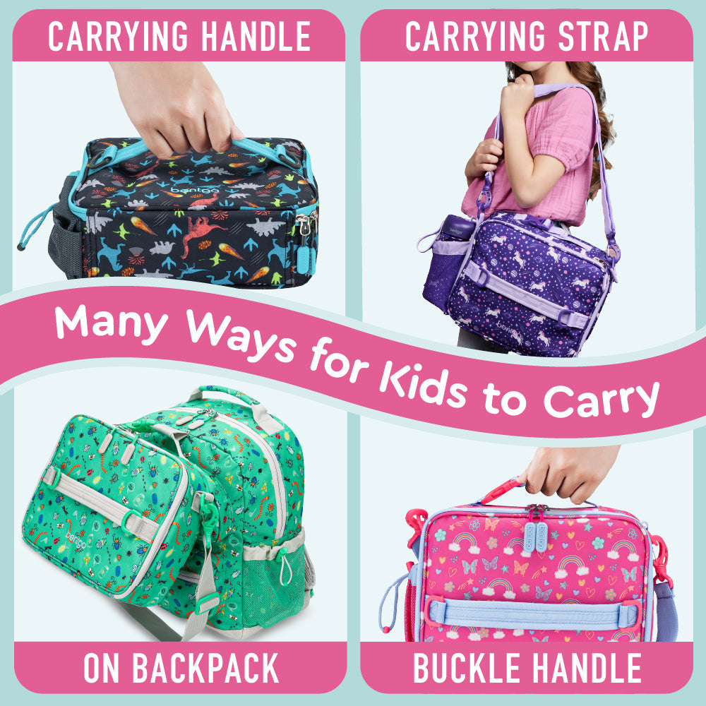 Bentgo® Kids Prints Lunch Bag - Rainbows and Butterflies | Many Ways For Kids To Carry - Carrying Handle, Carrying Strap, On Backpack, And Buckle Handle